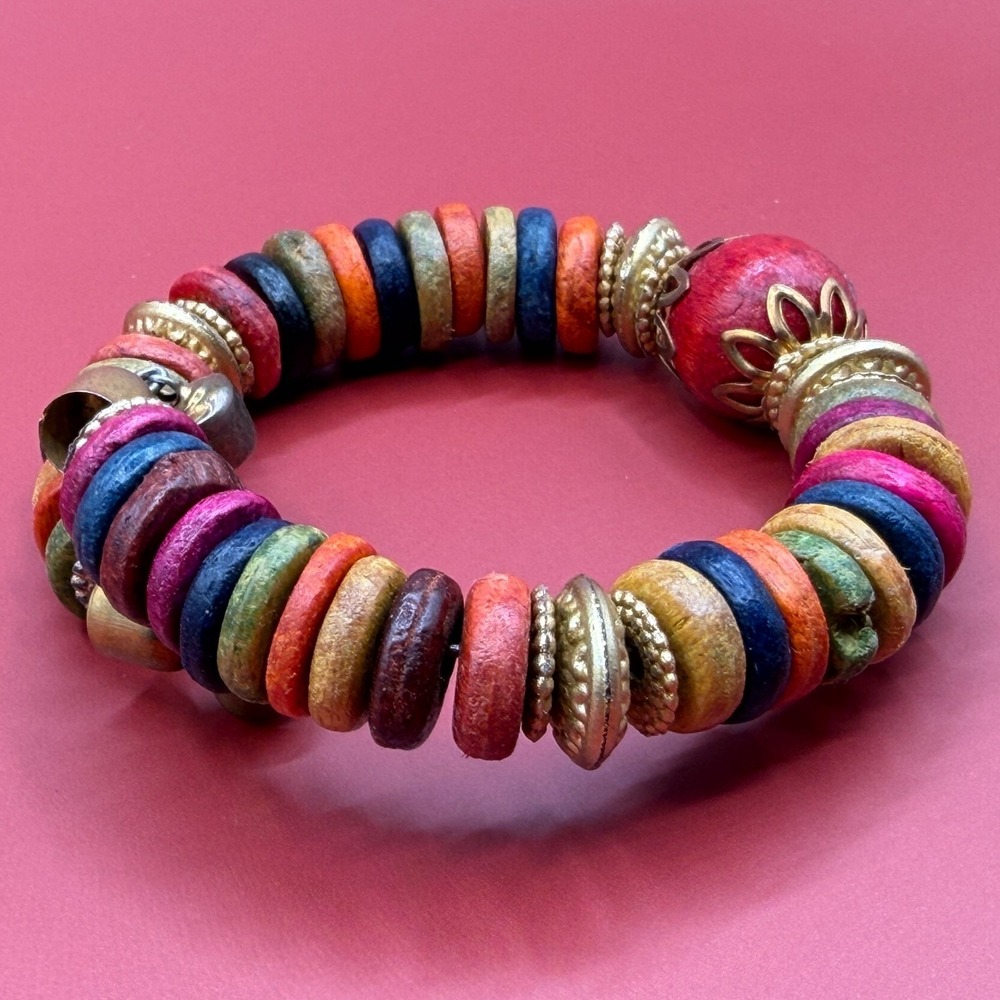 Multicolor Wood Bead Bracelet Boho Tribal Bell Charms Statement Vintage Style